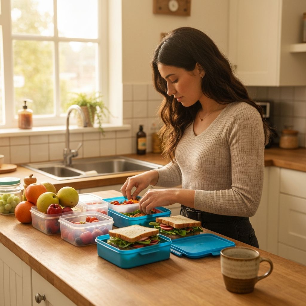 Packing lunch: fresh food being prepared in containers at a kitchen counter with natural daylight