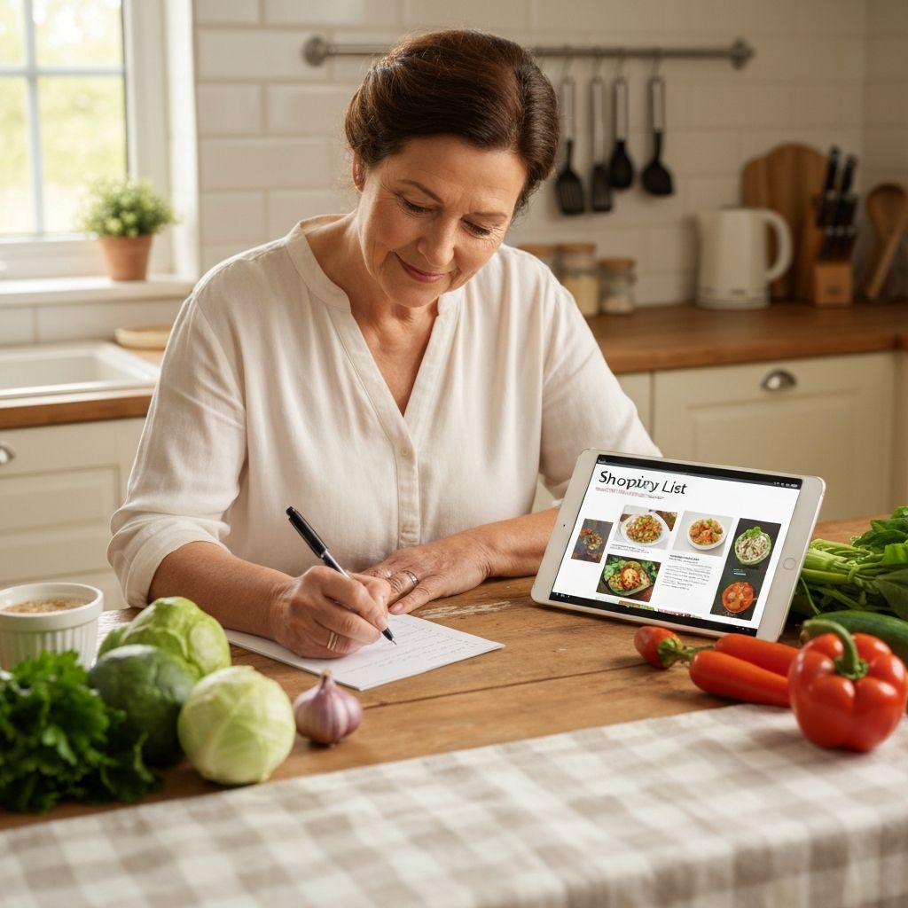 Writing shopping list: hand writing on paper at kitchen table with vegetables and ingredients visible