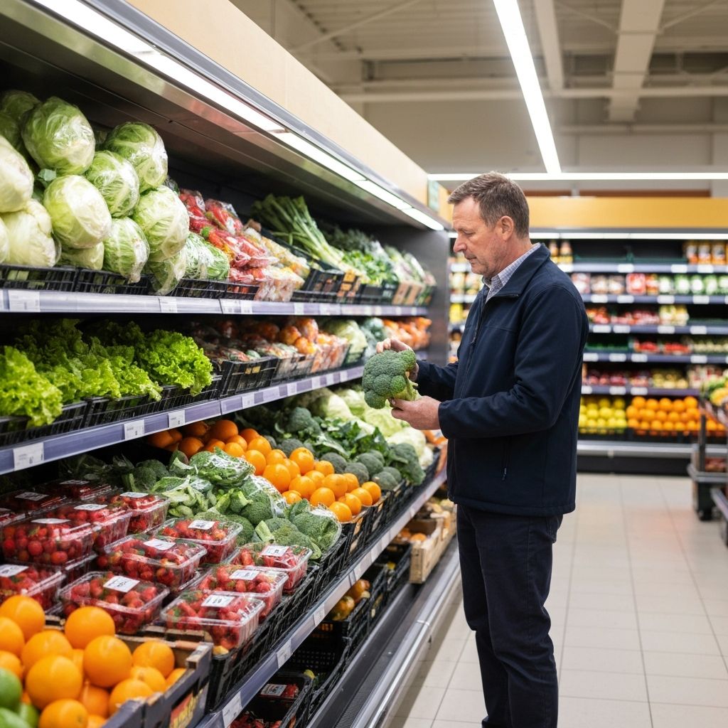 Supermarket aisle: person browsing fresh produce shelves with fruits and vegetables